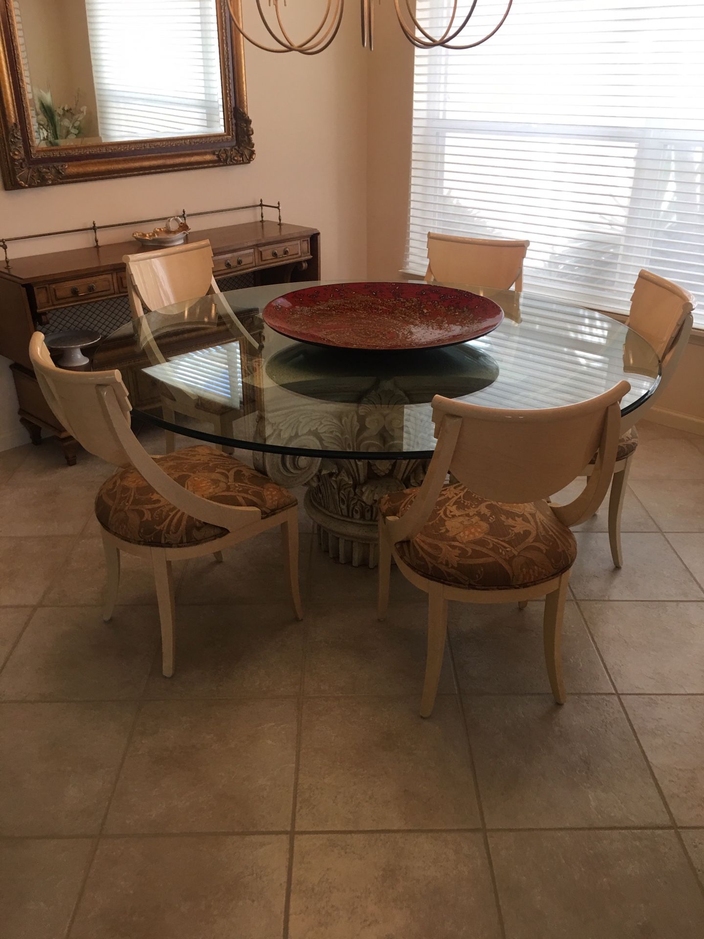 Glass 72” round beveled edge Dining room or kitchen table with chairs