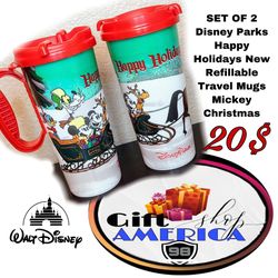 SET OF 2 Disney Parks Happy Holidays New PRefillable Travel Mugs Mickey Christmas B55