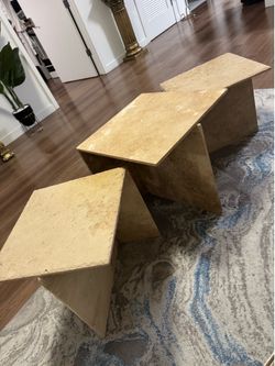 Modern Travertine Coffee Table Set – 3-Piece Natural Stone