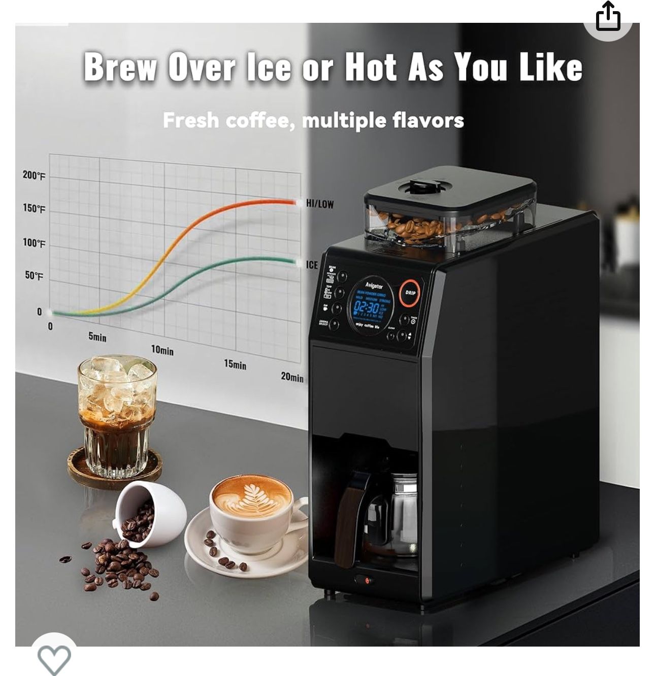 avigator Automatic Grind and Brew Coffee Maker with Built-in Burr Coffee Grinder, Grinder Coffee Maker with Self-Cleaning, Iced Coffee