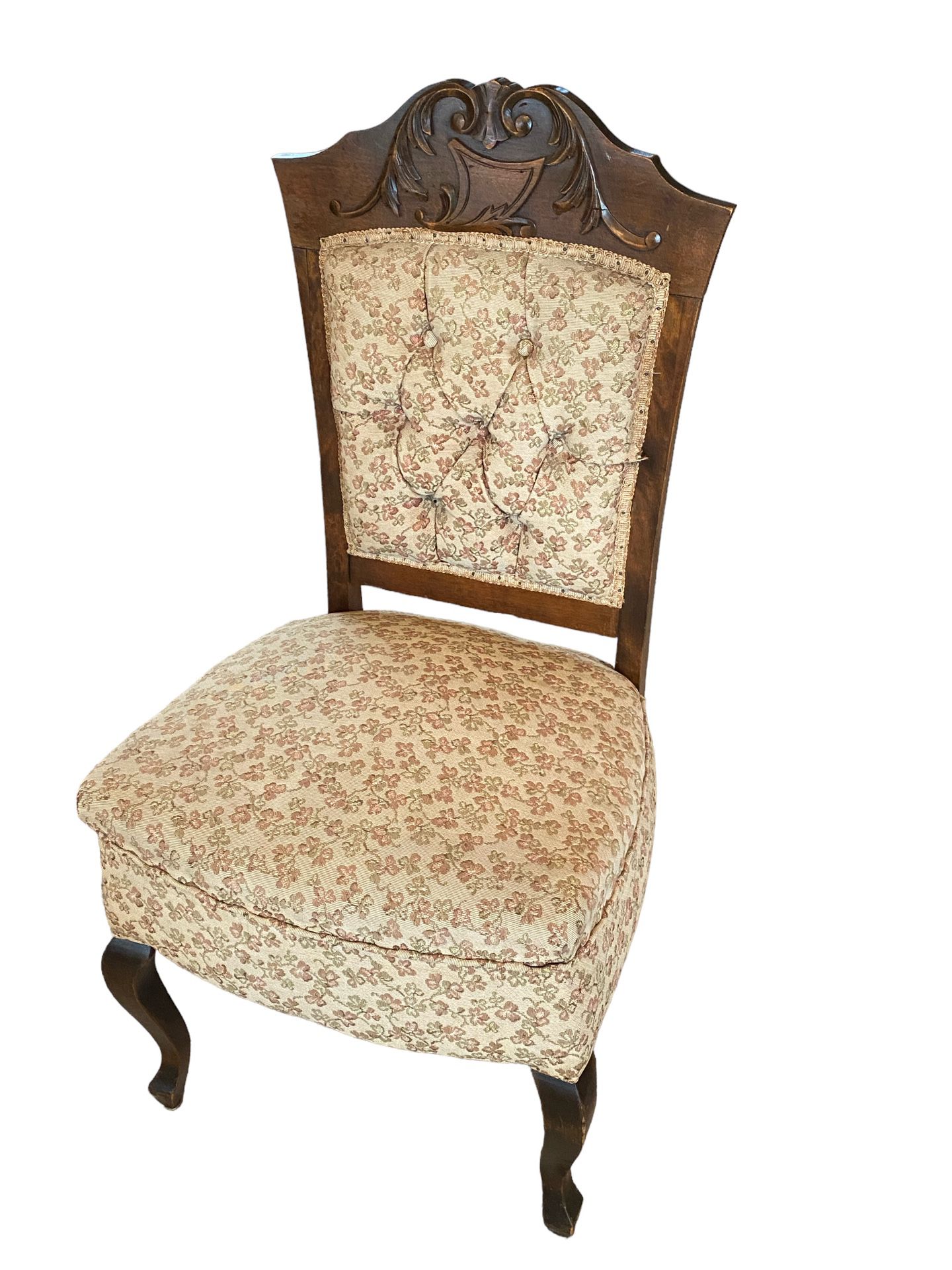 Antique Carved Wooden Chair with Ornate Floral Pattern Spring Seat Cushion