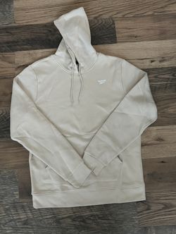 Reebok minimalist small-logo pullover hoodie in beige/cream, size XL, with clean condition.