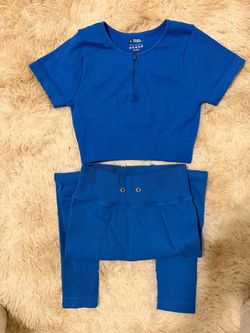 Blue Ribbed Crop Top and  leggings set
