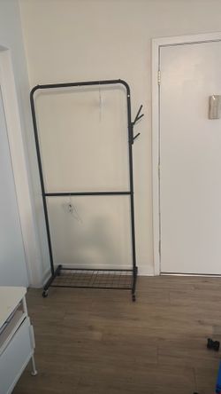 Double Rod Garment Rack with Wheels and Hooks, Black