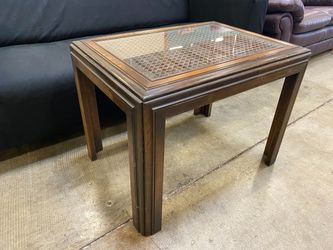 Walnut Finish Wooden End Table with Rattan and Glass Top