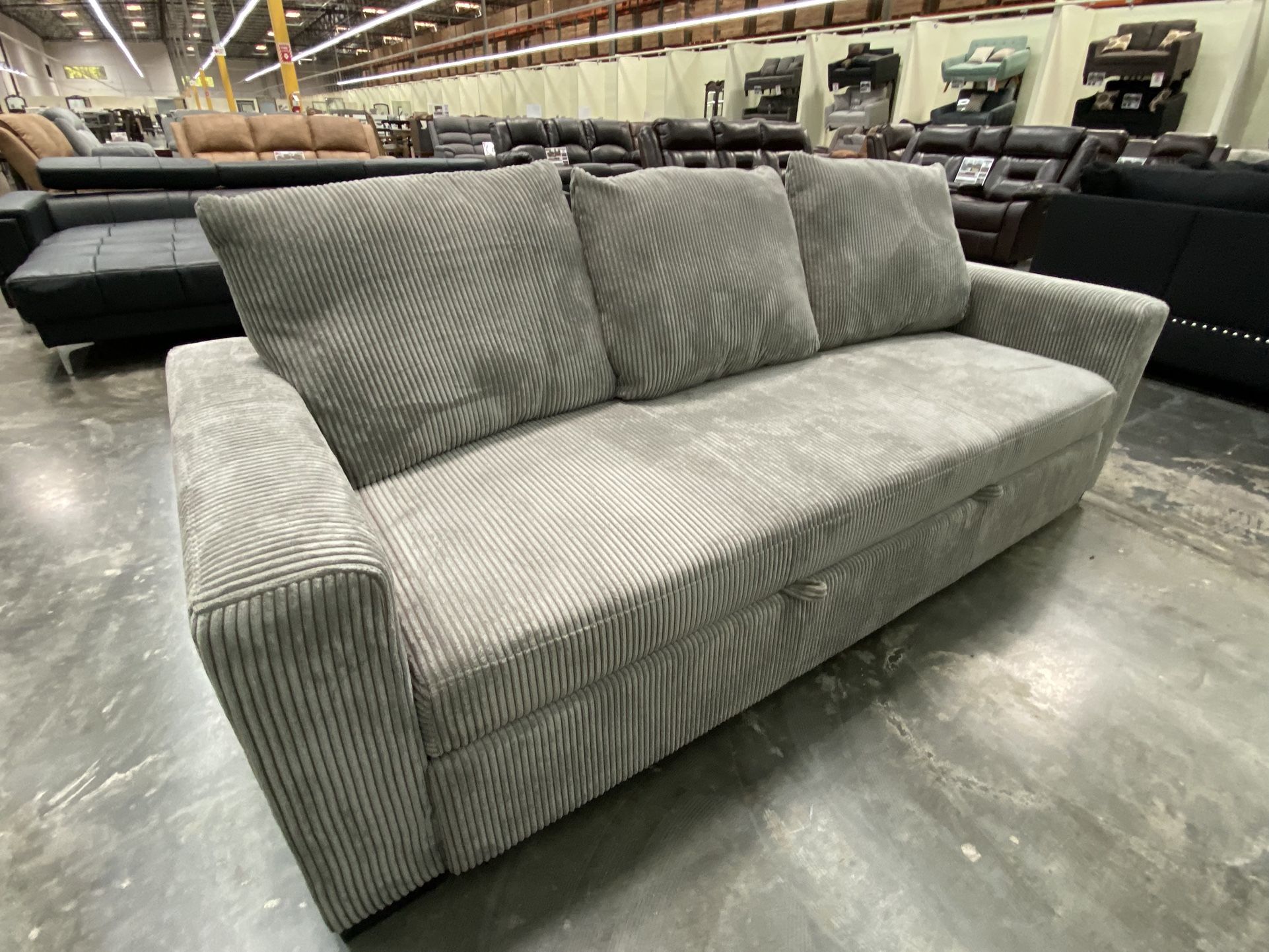 QUEEN SLEEPER SOFA - Gray or Ivory Corduroy Fabric Loose Back Cushions Queen Size Bed 