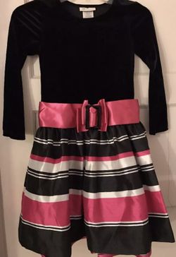 NWT Bonnie Jean Black Velvet Girls Dress Hot Pink, White, Black Stripes Size 7