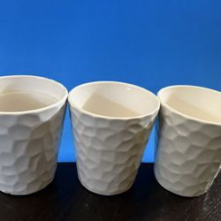 Three White Ceramic Pots, 6” Tall, 5” Wide At Top