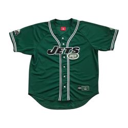Vintage New York Jets Jersey Large L Mens Green Baseball Spell Out NY Namath Y2K