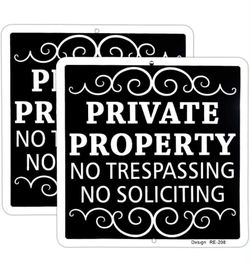 2-Pack Private Property No Trespassing No Soliciting Aluminum Signs - 9x9 Inch UV Printed - Elegant Design for Home & Business Security