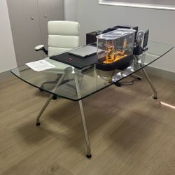 Office Glass Desk, Three Chairs 