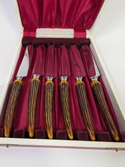 Vintage Faux Antler Handle Steak Knife Set of 6 in Presentation Box