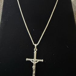 925 Silver Rope Necklace W/ Cross Pendant
