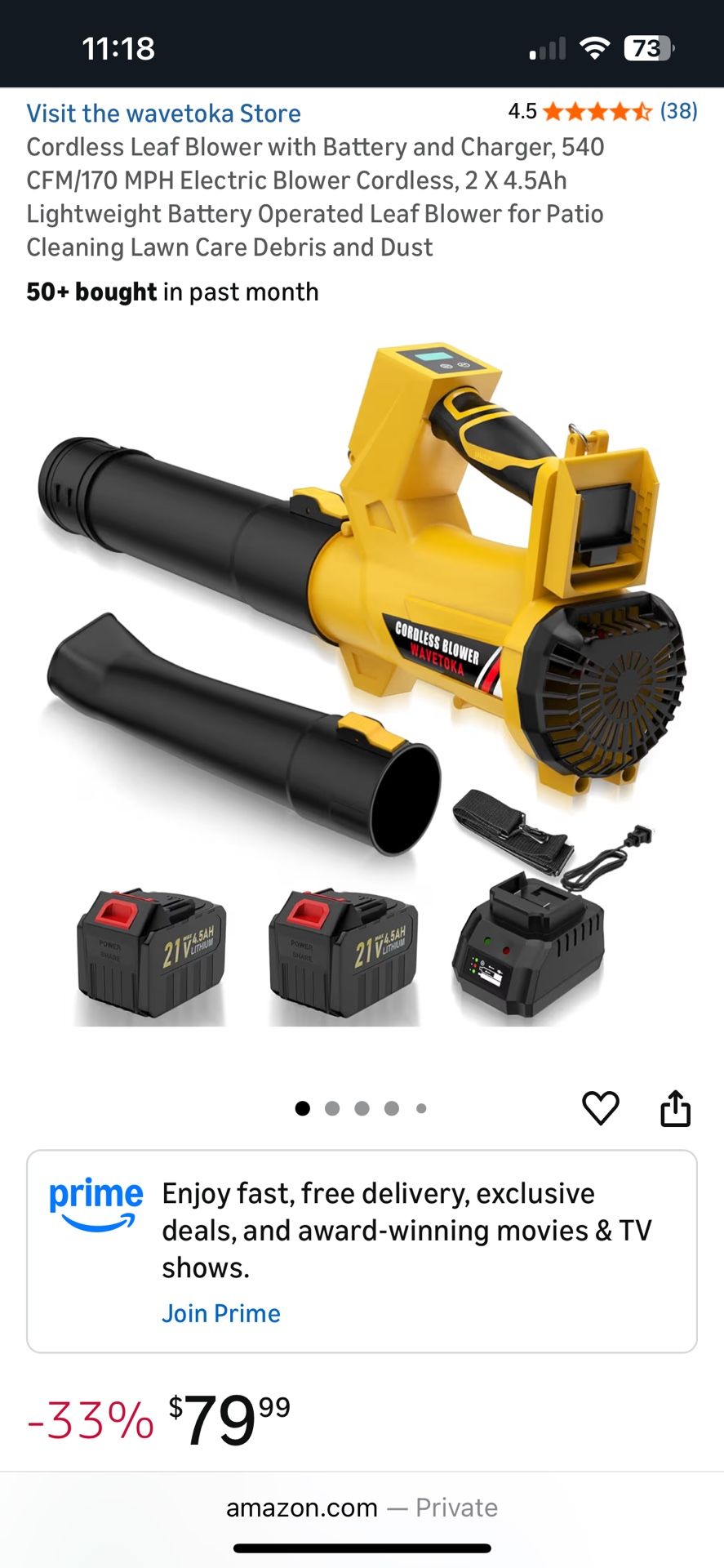 Cordless Leaf Blower with Battery and Charger, 540 CFM/170 MPH Electric Blower Cordless, 2 X 4.5Ah Lightweight Battery Operated Leaf Blower for Patio