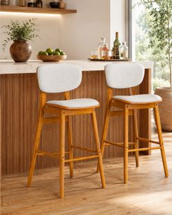 New ! 2 set Mid Century Modern Bar Stools Set of 2, Beige Linen Upholstered Counter Height Bar Chair