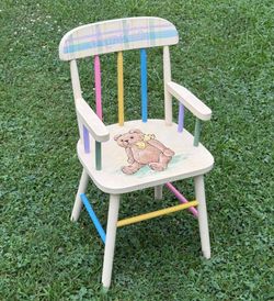 Colorful Hand Painted Children Wood Chair Amelia Teddy Bear And Plaid Design
