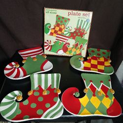 Vtg 2005 Set Of 4 Elf Shoes Christmas Plates Set Wall Hanging Original Box