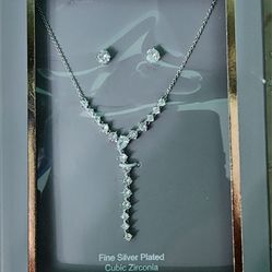 Brand New Fine Silver Plated  Cubic Zirconia 18" Necklace And Earrings 