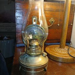 Antique Brass Oil Lamp With Shield and Glass Chimney 