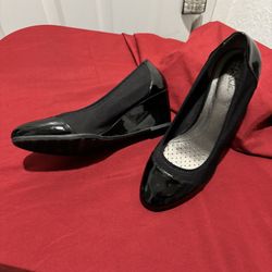 Life Stride, Black, Patent Leather/Cloth Wedges
