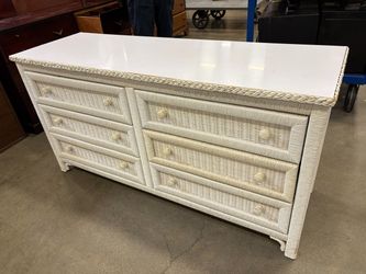 White Wicker 6 Drawer Lowboy Dresser with Braided Edge