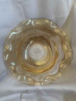 Jeanette Marigold Carnival Glass Floragold 9.5" Ruffled Floral Etched Serving Bowl