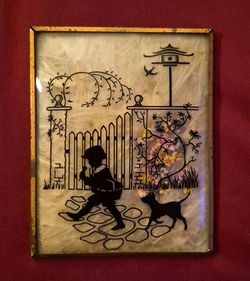 Vintage Silhouette Convex Bubble Glass Reverse Picture 4"x5" With Dried Flowers