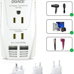 2000W Travel Voltage Converter for Hair Dryer Straightener Curling Iron, Step Down 220V to 110V, 10A Power Adapter with 2 USB and EU/UK/AU/US Plugs fo