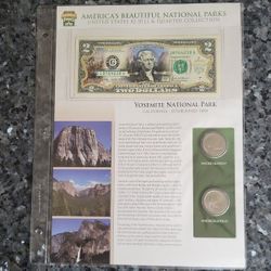 Yosemite National Parks Set of $2 Jefferson Colorized UNC & 2 Quarters BU, COA