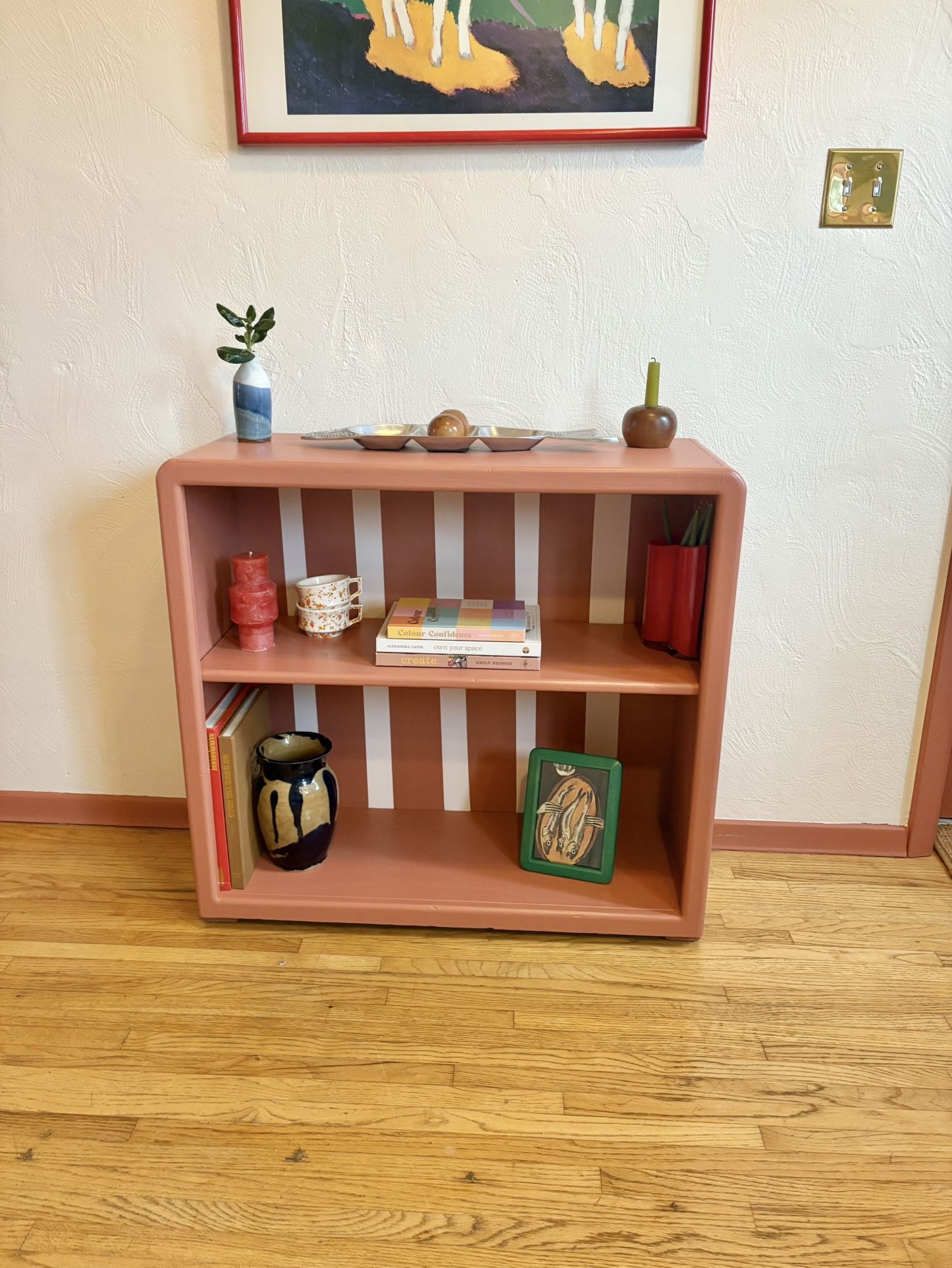 Modern Striped Pink & Terracotta Bookshelf/ Record Player Shelf
