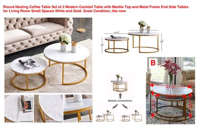 Set of 2 Round Nesting Coffee Tables – White Marble & Gold  $75 OBO