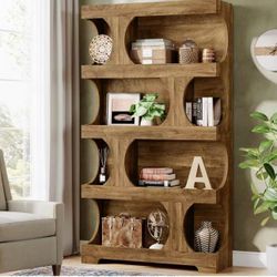 JW1050 71" Tall Bookcase, 4-Tier S-Shaped Bookshelf, Wood Decorative Storage Shelving, Modern Freestanding Display Shelves, Large Library Book Shelf U