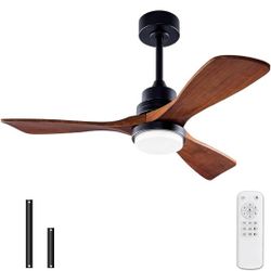 BOJUE 42 Inch Black Ceiling Fans with Lights and Remote,Dimmable LED Light,Quite Reversible DC Motor,Memory Function,Modern Solid Wood Indoor Outdoor 