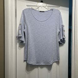 Women’s GYFT Blue & White Vertical Pinstripe Short Flutter Sleeve Pullover Top… No Size.. Around A Size Small