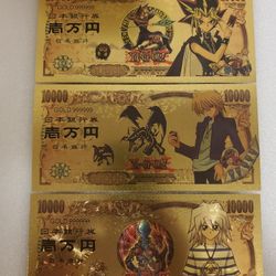 24k Gold Foil Plated Yu-Gi-Oh Banknote Set Of 3 Yugioh Anime Collectible Bills