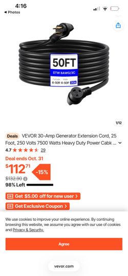VEVOR 50FT 30A Generator Extension Cord