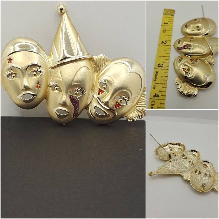 Vintage Clown Brooch faces 4"inches long, Gold tone, like new, never used,#725