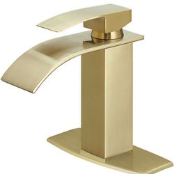 Hoimpro Waterfall Spout Bathroom Faucet, Single Handle Bathroom Sink Faucet, Rv Vessel Faucet Basin Mixer Tap with Deck Plate, cUPC Waterlines, Brushe
