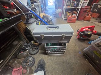 Grey tool box with tools