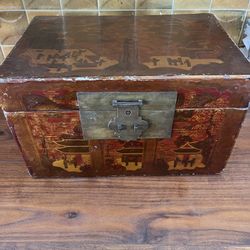 Antique Chinese Red Lacquer Wedding Box Chest Red / Gold w/ Brass Hardware
