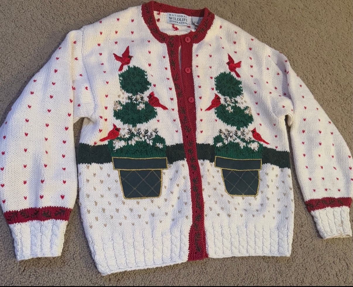 VTG National Wildlife Federation Women Cardigan Sweater LG Christmas Cardinals
