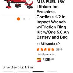 M18 FUEL 1/2" Impact Wrench w/Friction Ring Kit w/One 6.0 Batt&Charger like new. Firm Price🛑 