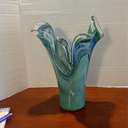 Vintage Large Marano Base Wave Hand Blown Blue Green With A Silver Crest 1‘ X 8“ LR