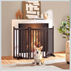 Freestanding Wooden Dog Gate, 3-Panel 36in H Pet Barrier Espresso