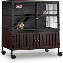 36.5''H Metal Large Ferret Cage, Rolling Chinchilla Cage with Removable Ramps& Double Door, with Locker, Small Animal Cage, Rat Indoor Wooden Pet Crat