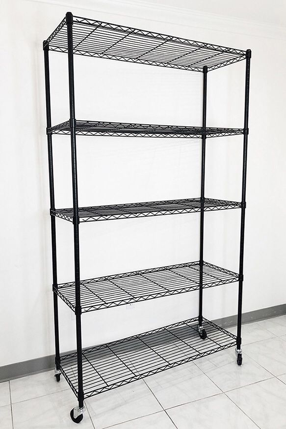 (New in box) $90 Metal 5-Shelf Shelving Storage Unit Wire Organizer Rack Adjustable w/ Wheel Casters 48x18x82”