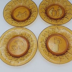 4 Vintage Amber Tiara Glass Nursery Rhyme Plates 