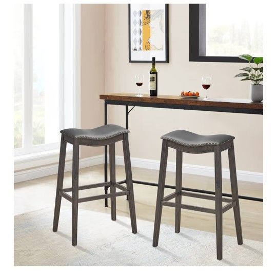 2 29-Inch Bar Stools Wood Frame PVC Leather Seat Modern Design