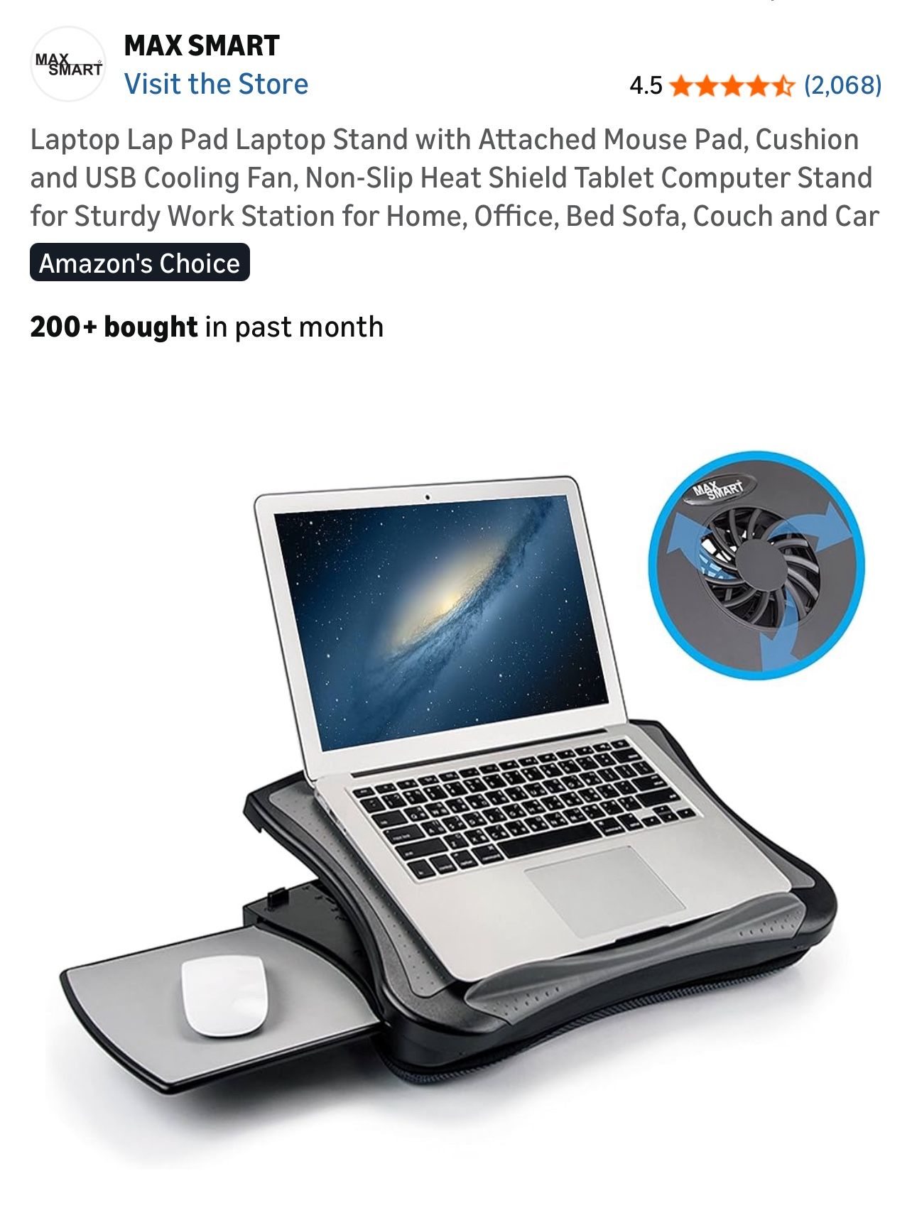 Laptop Lap Pad Laptop Stand with Attached Mouse Pad, Cushion and USB Cooling Fan, Non-Slip Heat Shield Tablet Computer Stand for Sturdy Work Station