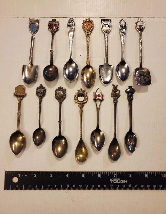 Big huge lot bundle of 14 various collectible silver vintage souvenir spoons